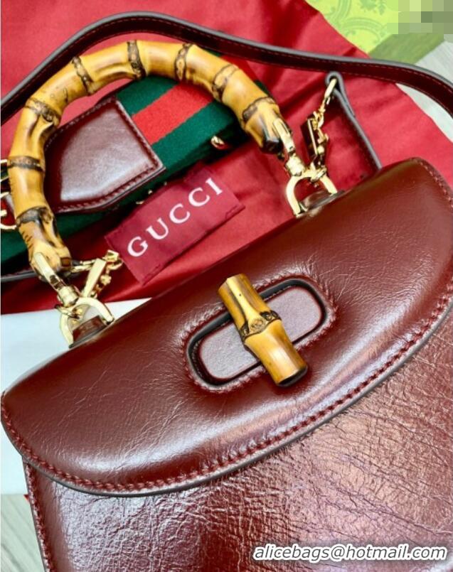 Top Grade Gucci Bamboo 1947 Crinkled Patent Leather Small Top Handle bag 675797 Burgundy 2024