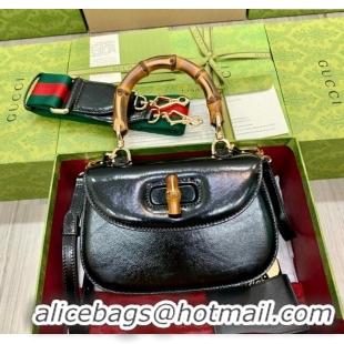 Famous Brand Gucci Bamboo 1947 Crinkled Patent Leather Small Top Handle Bag 675797 Black 2024