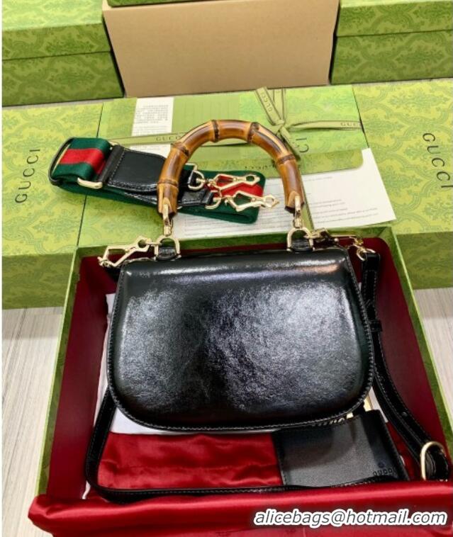 Famous Brand Gucci Bamboo 1947 Crinkled Patent Leather Small Top Handle Bag 675797 Black 2024