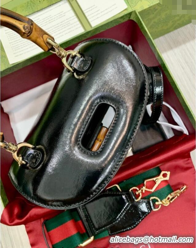 Famous Brand Gucci Bamboo 1947 Crinkled Patent Leather Small Top Handle Bag 675797 Black 2024