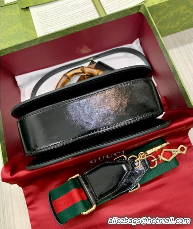 Famous Brand Gucci Bamboo 1947 Crinkled Patent Leather Small Top Handle Bag 675797 Black 2024