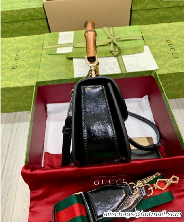 Famous Brand Gucci Bamboo 1947 Crinkled Patent Leather Small Top Handle Bag 675797 Black 2024