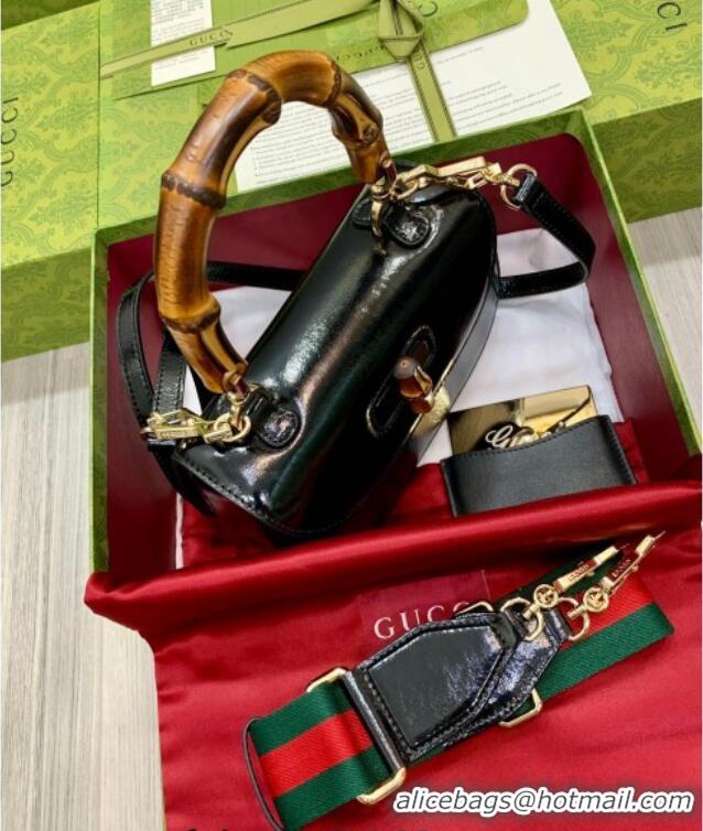 Famous Brand Gucci Bamboo 1947 Crinkled Patent Leather Small Top Handle Bag 675797 Black 2024
