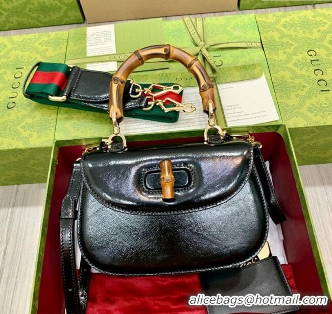 Famous Brand Gucci Bamboo 1947 Crinkled Patent Leather Small Top Handle Bag 675797 Black 2024