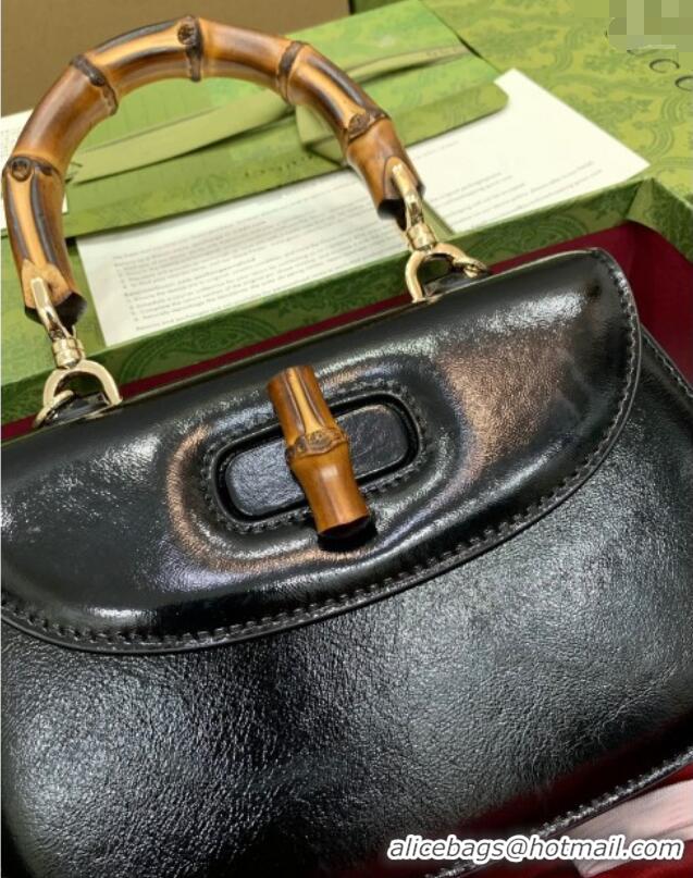 Famous Brand Gucci Bamboo 1947 Crinkled Patent Leather Small Top Handle Bag 675797 Black 2024