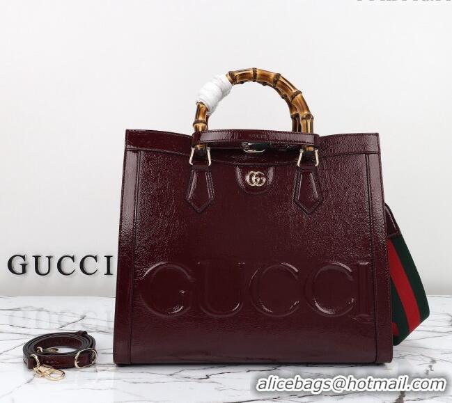 Luxury Cheap Gucci Diana Medium Tote Bag in Patent Leather with Gucci Logo 678842 Burgundy 2024