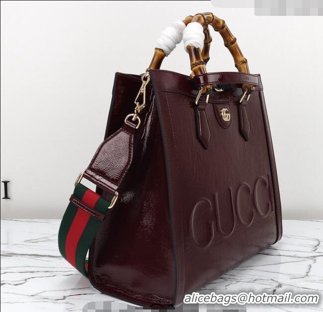 Luxury Cheap Gucci Diana Medium Tote Bag in Patent Leather with Gucci Logo 678842 Burgundy 2024