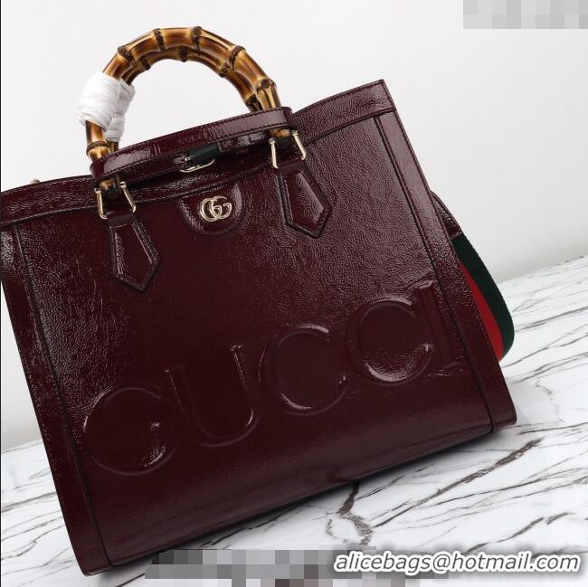 Luxury Cheap Gucci Diana Medium Tote Bag in Patent Leather with Gucci Logo 678842 Burgundy 2024