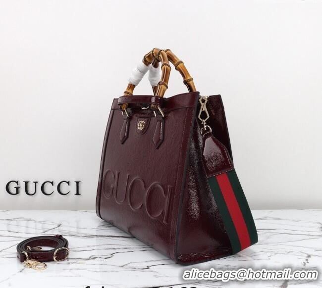 Luxury Cheap Gucci Diana Medium Tote Bag in Patent Leather with Gucci Logo 678842 Burgundy 2024