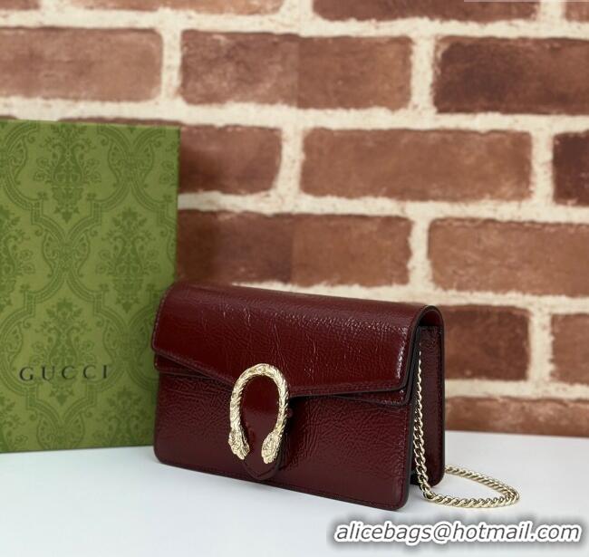 Modern Classic Gucci Dionysus Super Mini Bag in Crinkled Patent Leather 795368 Burgundy 2024