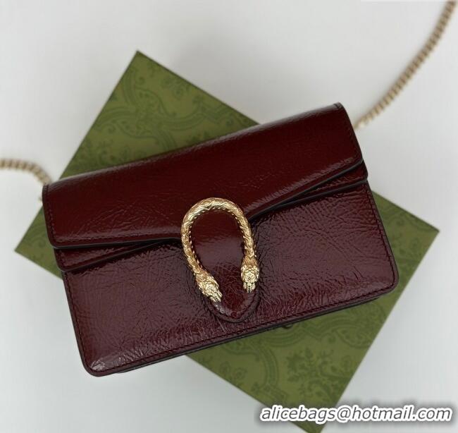 Modern Classic Gucci Dionysus Super Mini Bag in Crinkled Patent Leather 795368 Burgundy 2024