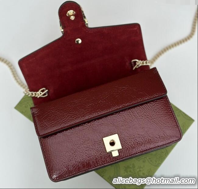 Modern Classic Gucci Dionysus Super Mini Bag in Crinkled Patent Leather 795368 Burgundy 2024