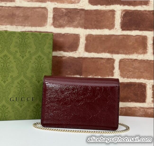 Modern Classic Gucci Dionysus Super Mini Bag in Crinkled Patent Leather 795368 Burgundy 2024