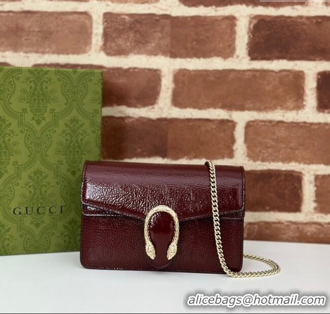 Modern Classic Gucci Dionysus Super Mini Bag in Crinkled Patent Leather 795368 Burgundy 2024