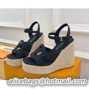 Luxury Cheap Louis Vuitton LV Isola Wedge Sandals 12cm in Calf Leather Black 0609014