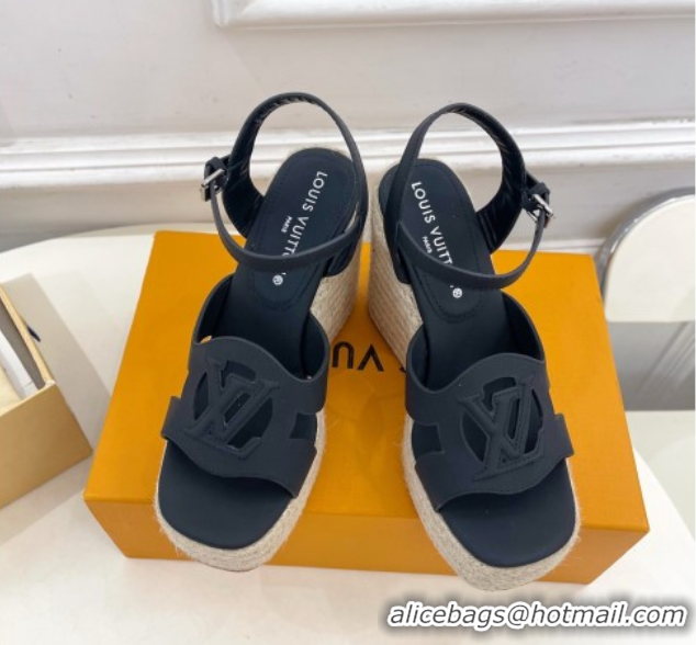 Luxury Cheap Louis Vuitton LV Isola Wedge Sandals 12cm in Calf Leather Black 0609014