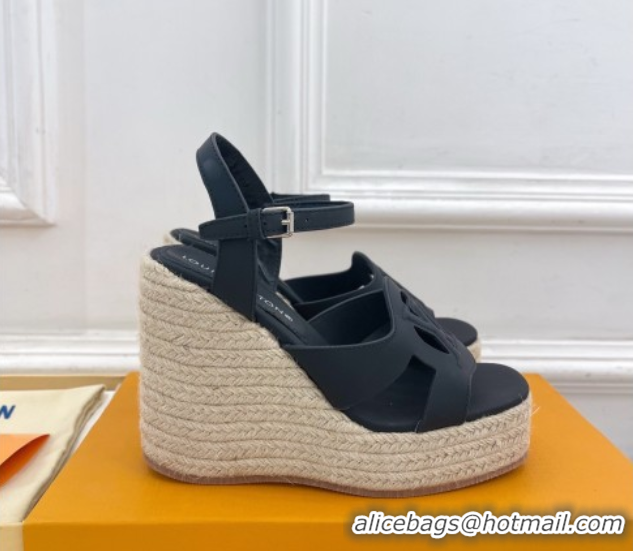 Luxury Cheap Louis Vuitton LV Isola Wedge Sandals 12cm in Calf Leather Black 0609014