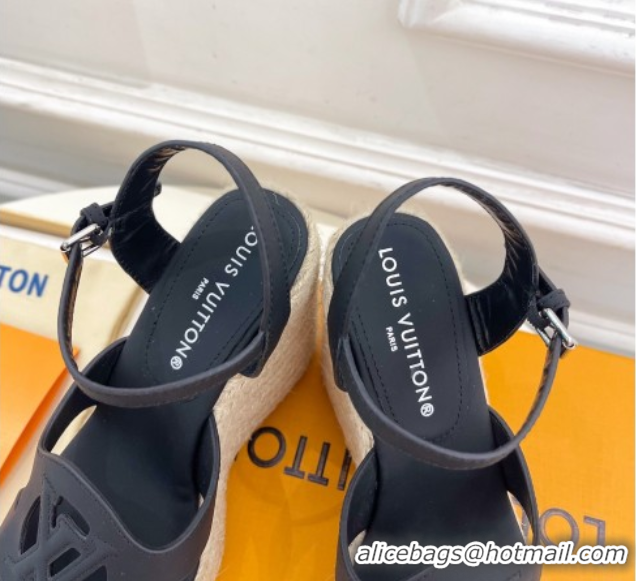 Luxury Cheap Louis Vuitton LV Isola Wedge Sandals 12cm in Calf Leather Black 0609014