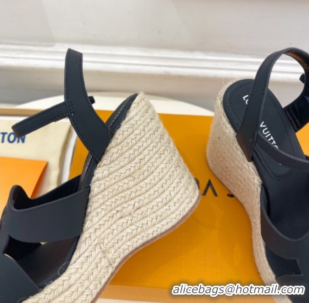 Luxury Cheap Louis Vuitton LV Isola Wedge Sandals 12cm in Calf Leather Black 0609014