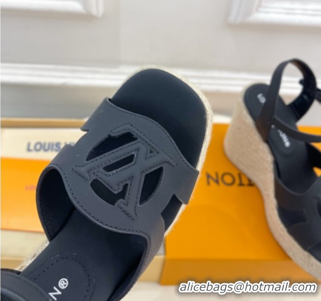Luxury Cheap Louis Vuitton LV Isola Wedge Sandals 12cm in Calf Leather Black 0609014