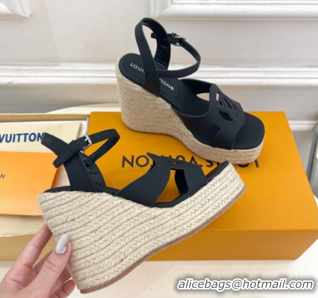Luxury Cheap Louis Vuitton LV Isola Wedge Sandals 12cm in Calf Leather Black 0609014