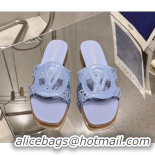 Luxury Louis Vuitton LV Isola Flat Slides Sandal in Perforated Calf Leather Blue 0609015