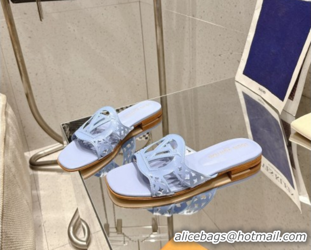 Luxury Louis Vuitton LV Isola Flat Slides Sandal in Perforated Calf Leather Blue 0609015