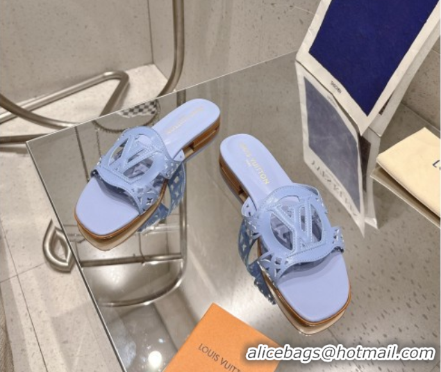 Luxury Louis Vuitton LV Isola Flat Slides Sandal in Perforated Calf Leather Blue 0609015