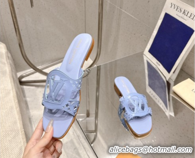 Luxury Louis Vuitton LV Isola Flat Slides Sandal in Perforated Calf Leather Blue 0609015