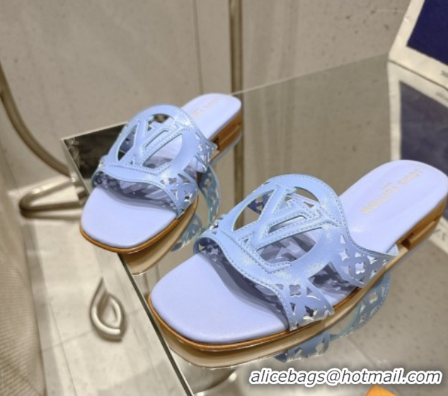 Luxury Louis Vuitton LV Isola Flat Slides Sandal in Perforated Calf Leather Blue 0609015