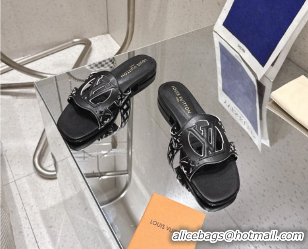Charming Louis Vuitton LV Isola Flat Slides Sandal in Perforated Calf Leather Black 0609017
