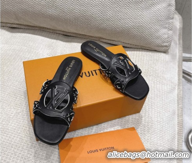 Charming Louis Vuitton LV Isola Flat Slides Sandal in Perforated Calf Leather Black 0609017