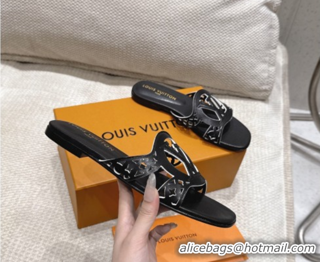 Charming Louis Vuitton LV Isola Flat Slides Sandal in Perforated Calf Leather Black 0609017