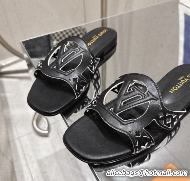 Charming Louis Vuitton LV Isola Flat Slides Sandal in Perforated Calf Leather Black 0609017