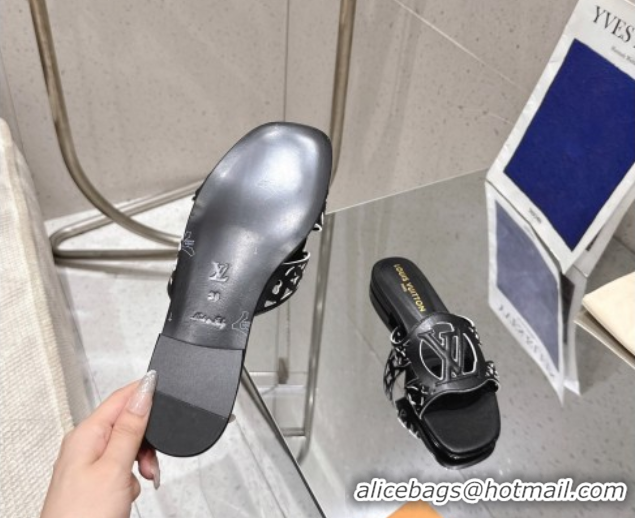 Charming Louis Vuitton LV Isola Flat Slides Sandal in Perforated Calf Leather Black 0609017