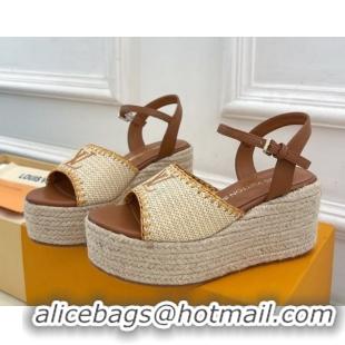 Luxury Louis Vuitton Starboard Wedge Platform Sandals 8cm in LV Raffia and Leather Brown 0609018