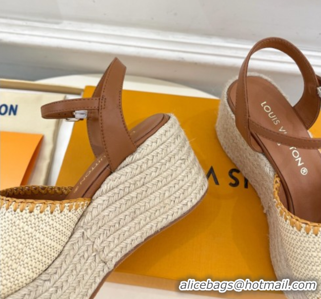 Luxury Louis Vuitton Starboard Wedge Platform Sandals 8cm in LV Raffia and Leather Brown 0609018