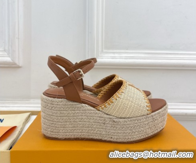 Luxury Louis Vuitton Starboard Wedge Platform Sandals 8cm in LV Raffia and Leather Brown 0609018