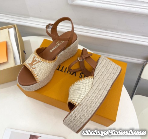 Luxury Louis Vuitton Starboard Wedge Platform Sandals 8cm in LV Raffia and Leather Brown 0609018