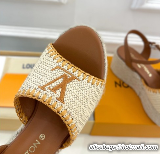 Luxury Louis Vuitton Starboard Wedge Platform Sandals 8cm in LV Raffia and Leather Brown 0609018