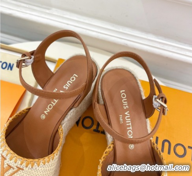 Luxury Louis Vuitton Starboard Wedge Platform Sandals 8cm in LV Raffia and Leather Brown 0609018