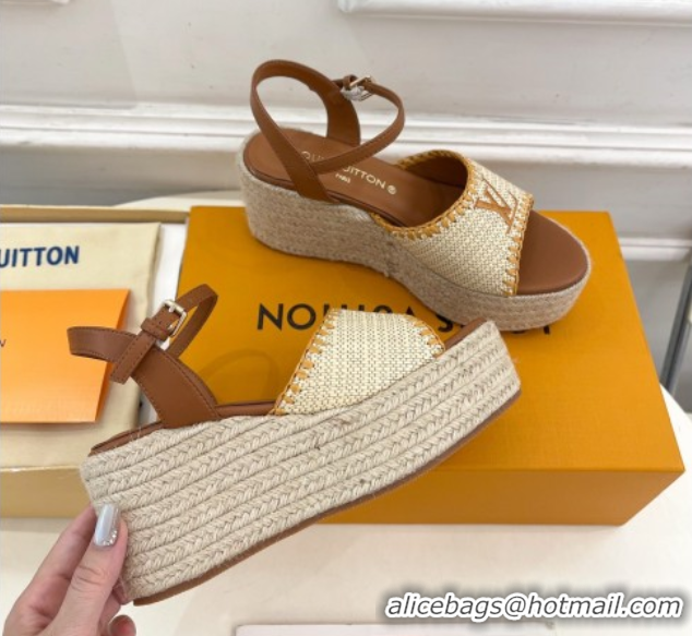 Luxury Louis Vuitton Starboard Wedge Platform Sandals 8cm in LV Raffia and Leather Brown 0609018