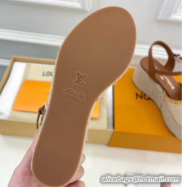 Luxury Louis Vuitton Starboard Wedge Platform Sandals 8cm in LV Raffia and Leather Brown 0609018