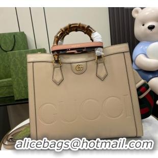 Best Quality Gucci Diana Leather Medium Tote Bag with Embossed GUCCI Logo 678842 Beige 2024