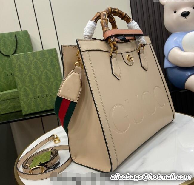 Best Quality Gucci Diana Leather Medium Tote Bag with Embossed GUCCI Logo 678842 Beige 2024