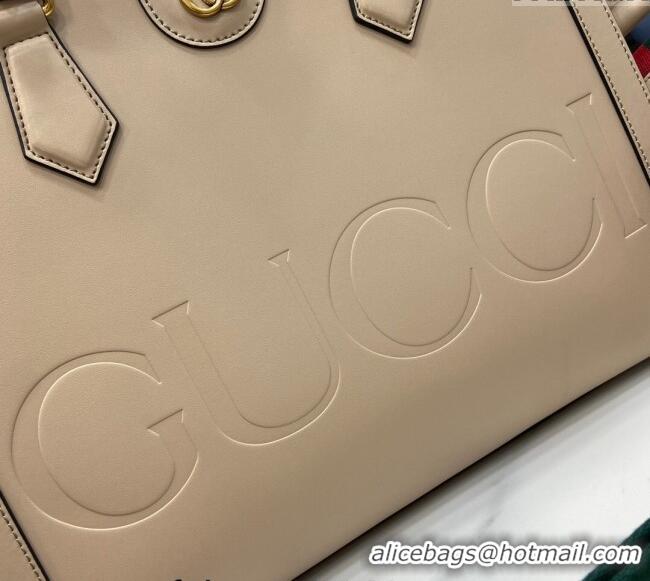 Best Quality Gucci Diana Leather Medium Tote Bag with Embossed GUCCI Logo 678842 Beige 2024
