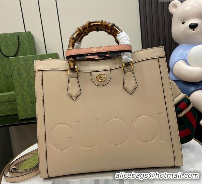 Best Quality Gucci Diana Leather Medium Tote Bag with Embossed GUCCI Logo 678842 Beige 2024
