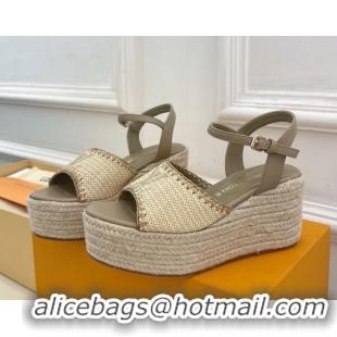 Good Product Louis Vuitton Starboard Wedge Platform Sandals 8cm in LV Raffia and Leather Grey 0609019