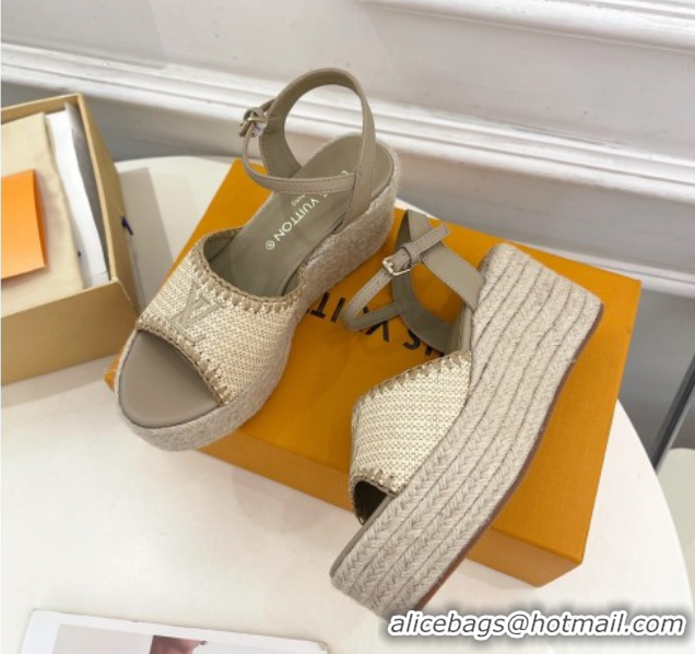 Good Product Louis Vuitton Starboard Wedge Platform Sandals 8cm in LV Raffia and Leather Grey 0609019