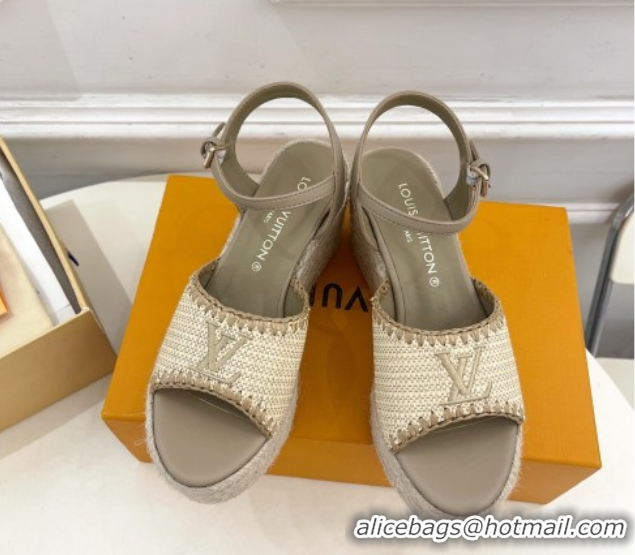 Good Product Louis Vuitton Starboard Wedge Platform Sandals 8cm in LV Raffia and Leather Grey 0609019